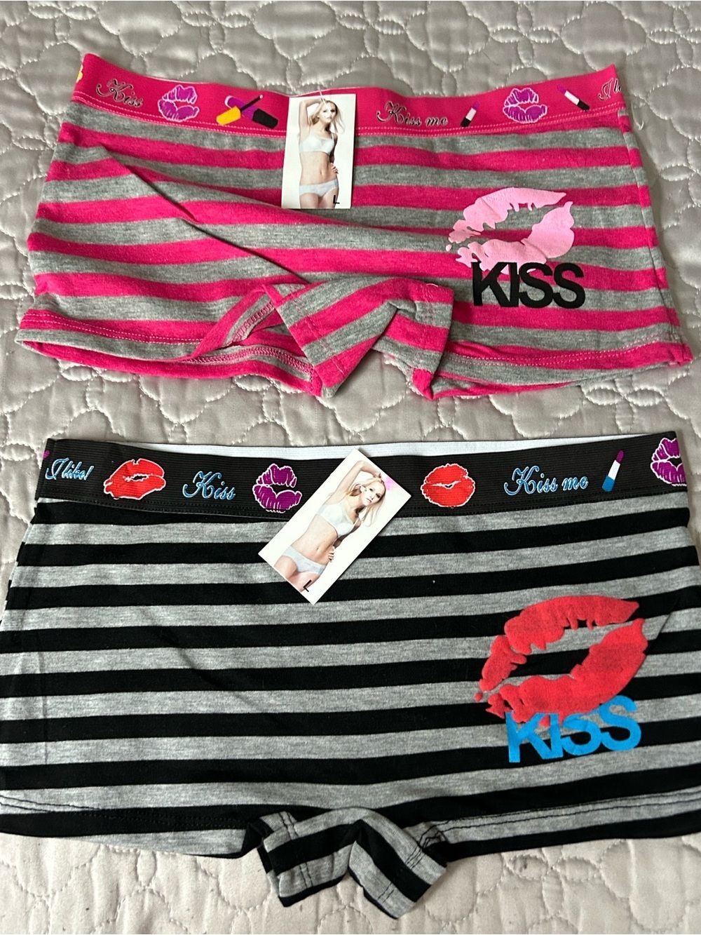 Women’s Striped 'Kiss' Boyshorts - Pink/Grey & Black/Grey (2-Pack)